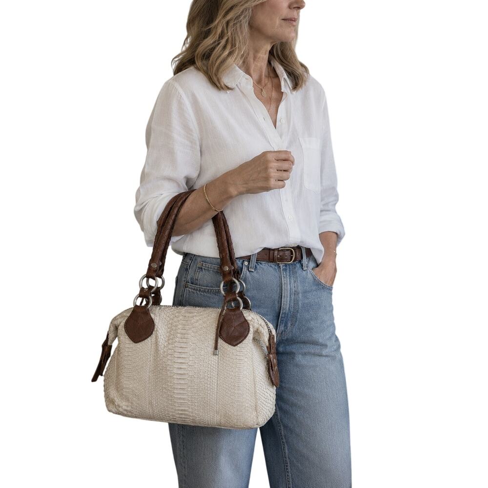 VTG Pauric Sweeney Italy Genuine Python Leather Ivory Satchel Purse Bag